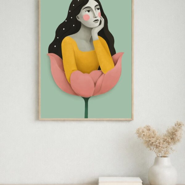 illustration print σε κορνίζα με γυναικεία φιγούρα σε μοντέρνο δωμάτιο