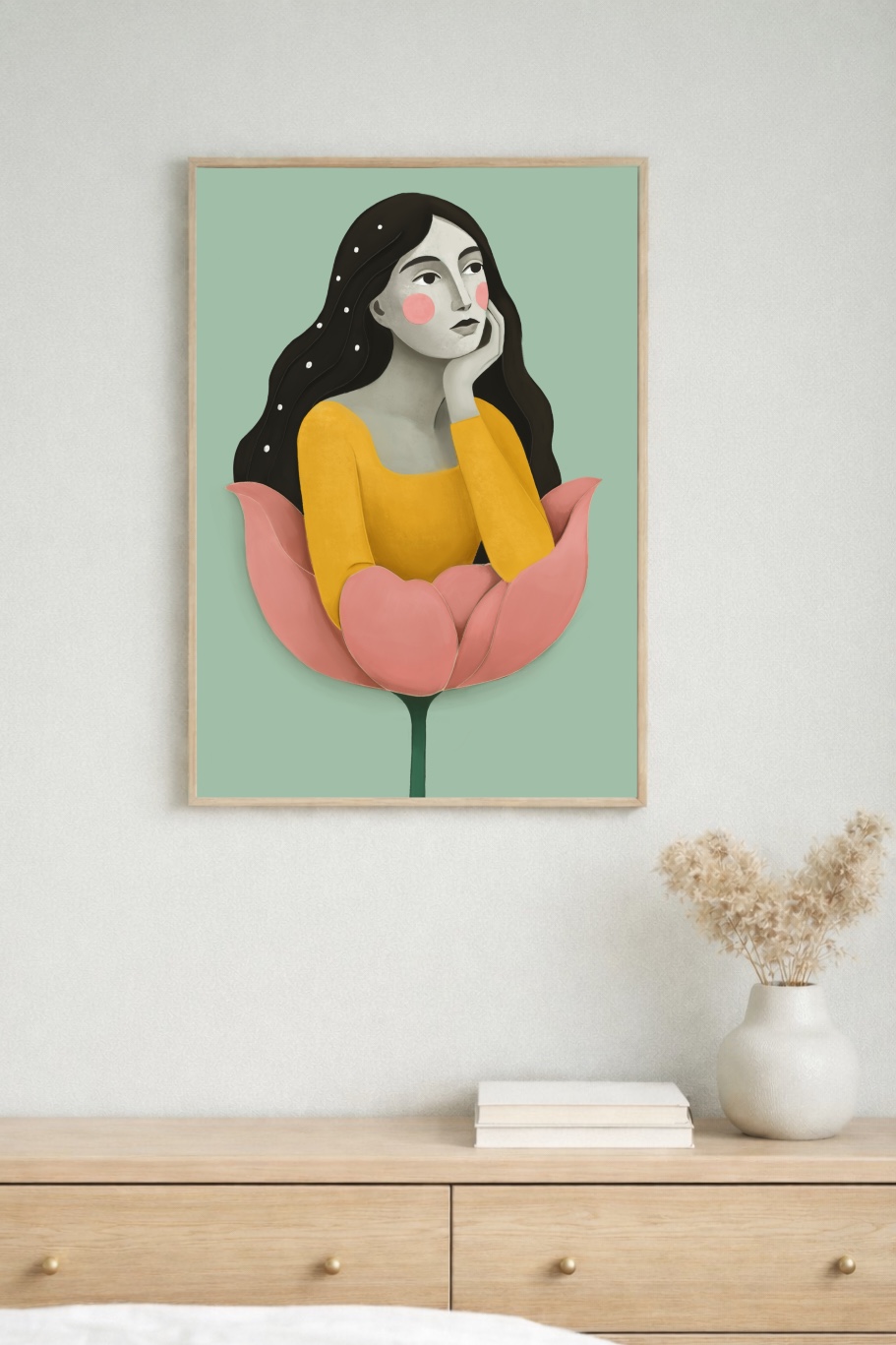 illustration print σε κορνίζα με γυναικεία φιγούρα σε μοντέρνο δωμάτιο