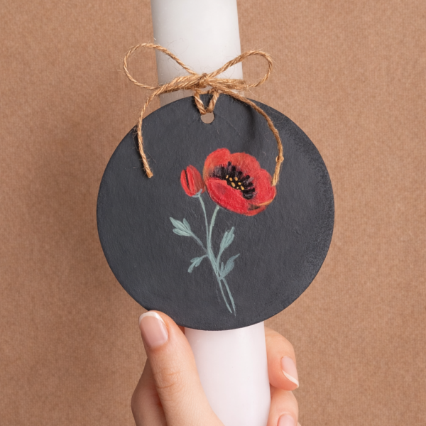 Λαμπάδα με καρτελάκι παπαρούνα ζωγραφισμένο στο χέρι και στιχάκι