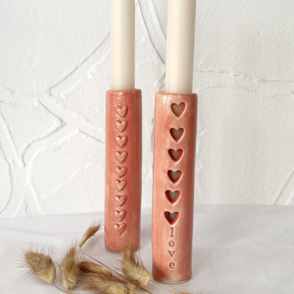ροζ κεραμική θήκη για κερί- βαζάκι love καρδιές