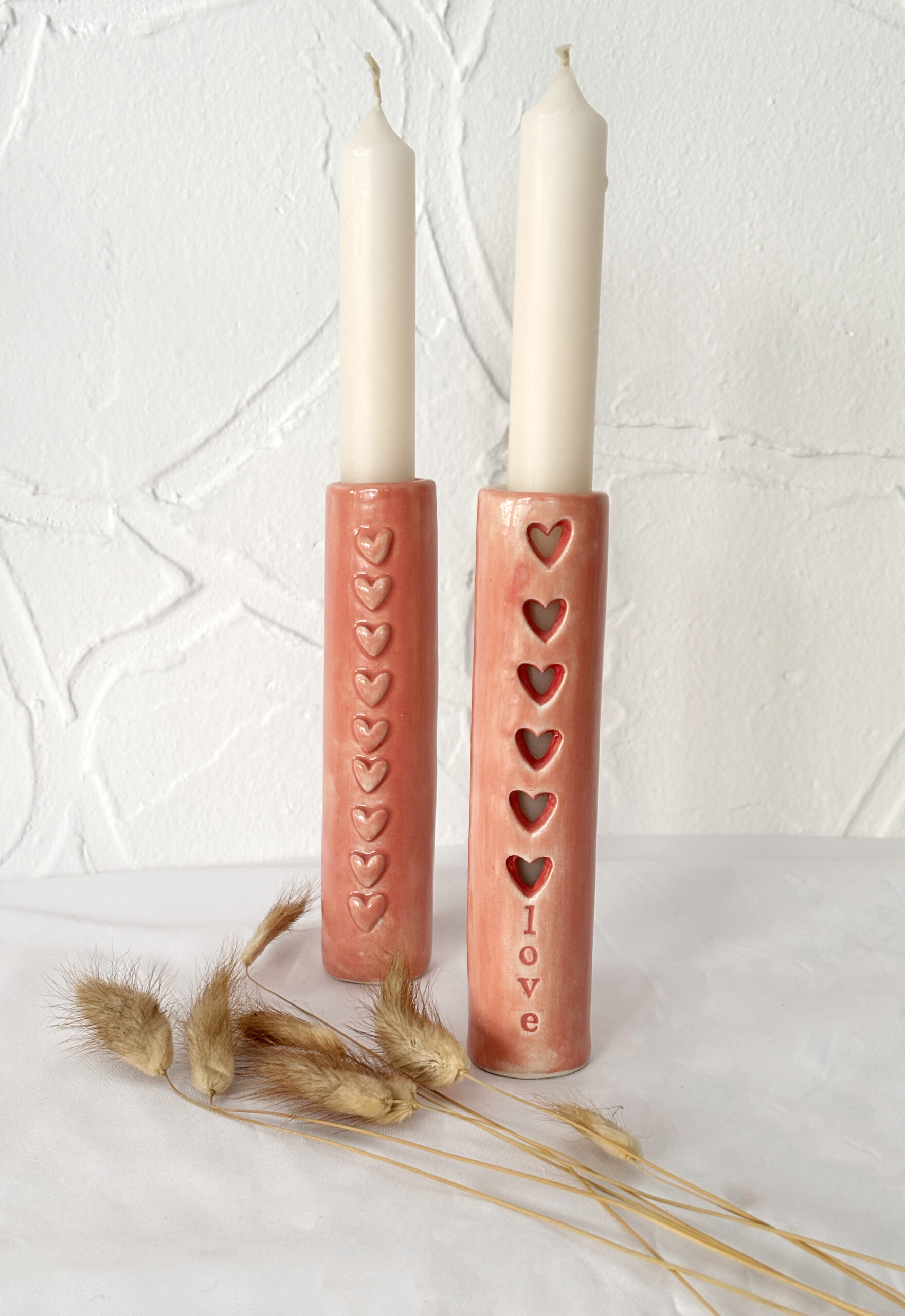 ροζ κεραμική θήκη για κερί- βαζάκι love καρδιές