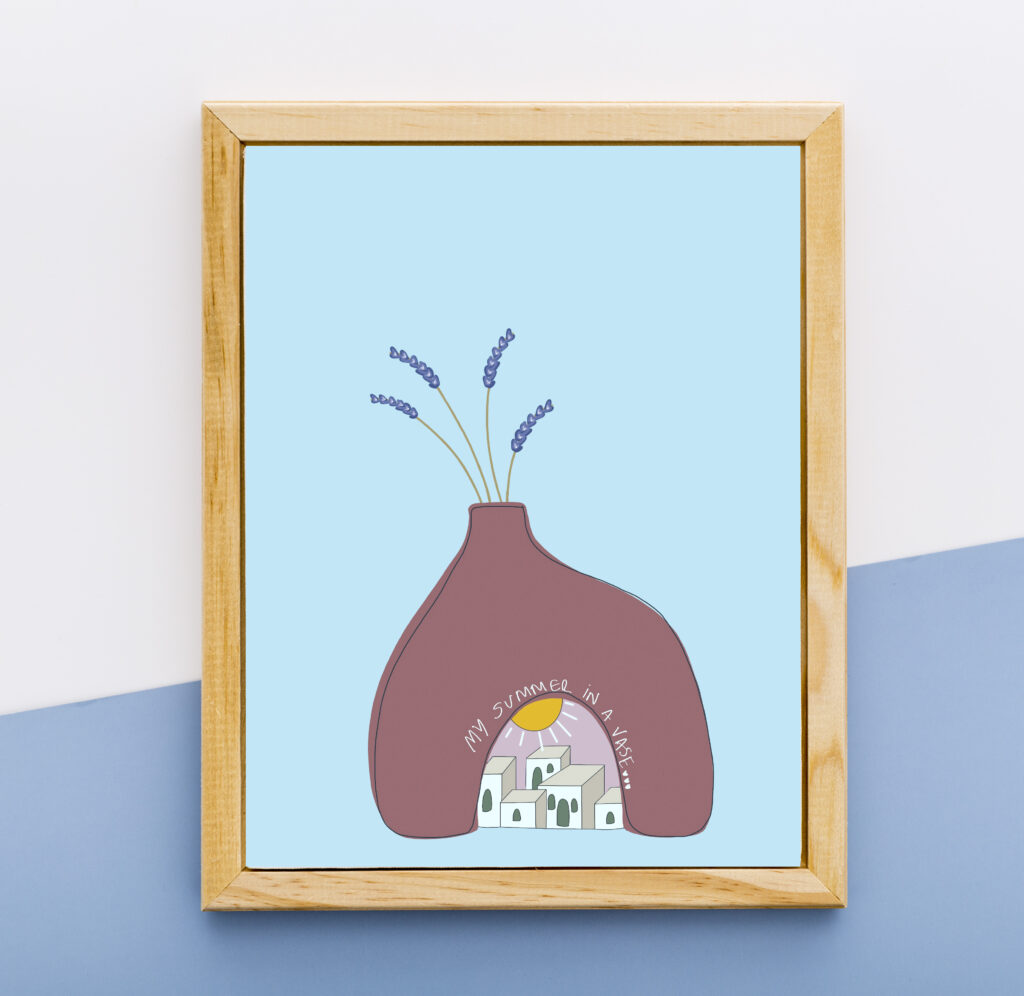 illuatration print καλοκαίρι σε βαζο νησί λεβάντα