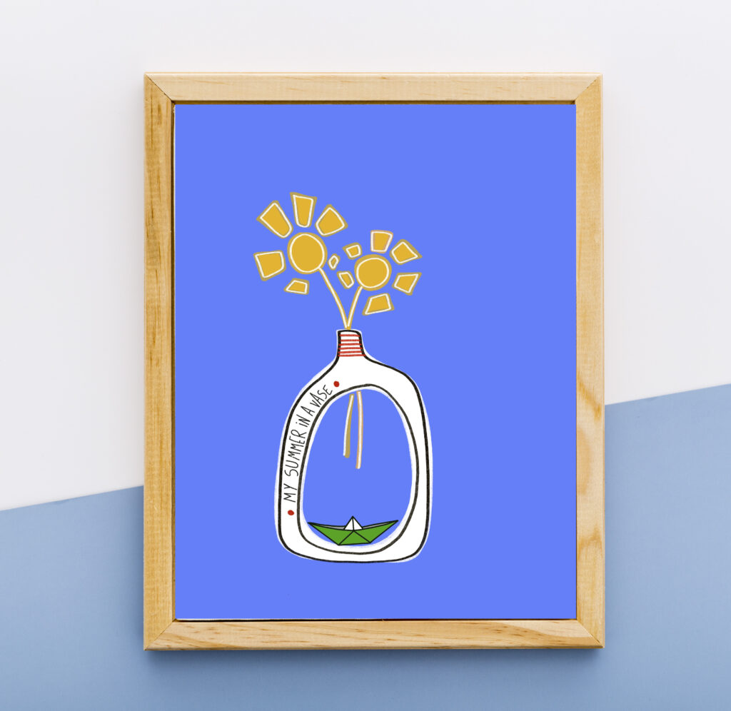 illuatration print καλοκαίρι σε βαζο καραβάκι ηλιοτρόπια