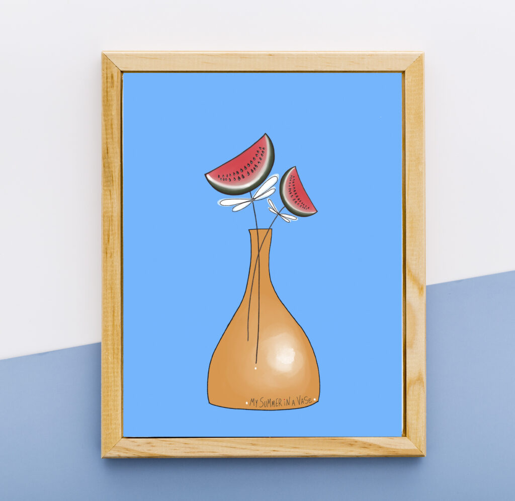 illustration print καλοκαιρι σε βαζο καρπουζι λουλουδια