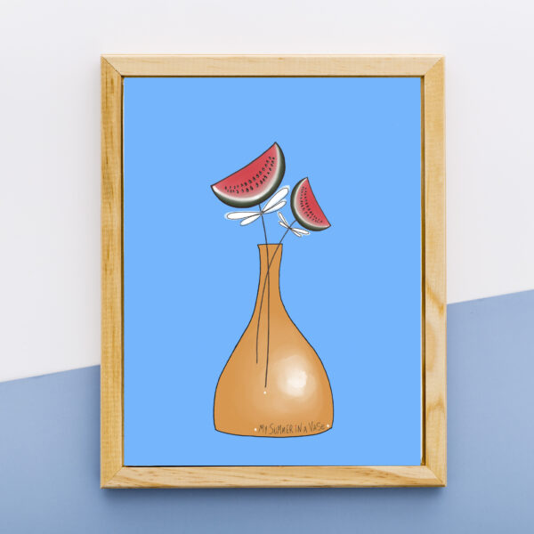 illustration print καλοκαιρι σε βαζο καρπουζι λουλουδια